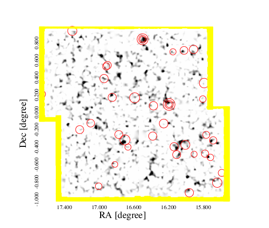 This map shows the distribution of dark matter (black) in the Universe, overlapping with optical measured clusters of galaxies (red circles)